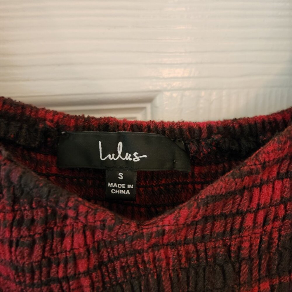 Lulus - No One Cuter Red and Black Plaid Puff Sleeve Tiered Mini Dress - Size S - Picture 7 of 7